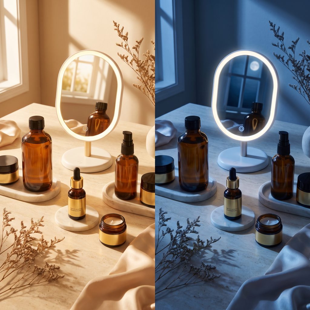 Cinematic, luxury flat lay of high-end skincare bottles, glass serums, and a glowing mirror reflection, split lighting showing warm morning sunlight on one side and cool moody moonlight on the other, ultra-photorealistic, 8k resolution, elegant composition, neutral background.